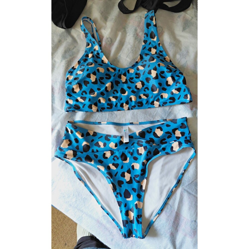 beachsissi Blue Leopard Animal Print 3-Piece Bikini Set L Bralette High Waist